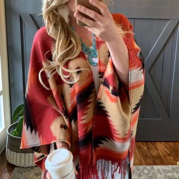 New Western Aztec Native Wrap Blanket Cardigan Sweater Ruana Women's Boho Vtg - Picture 4 of 11